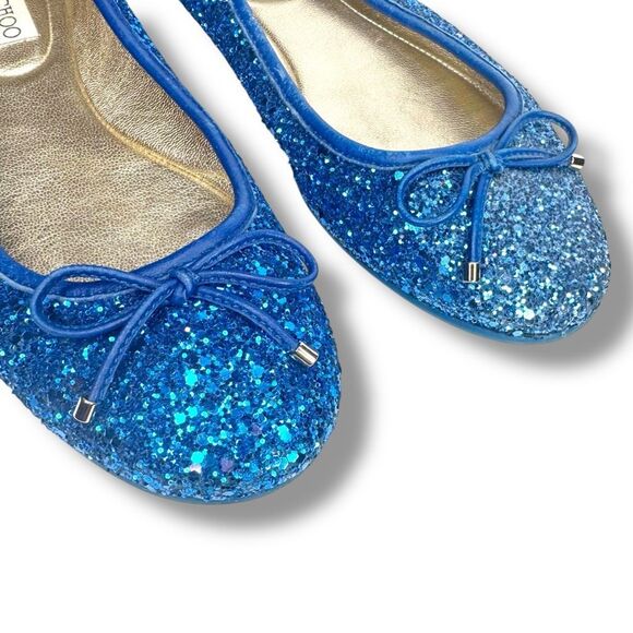 Jimmy Choo Blue Glitter Ballerina Flats Decorative Bow Women’s Size 37.5 - Picture 4 of 7